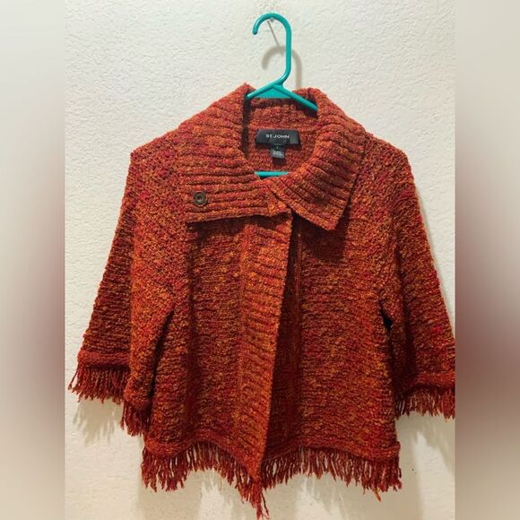 St. John Sweater Jacket Burnt Red Orange Acetate Wool Fringe Signature Logo Sz S - Picture 1 of 7